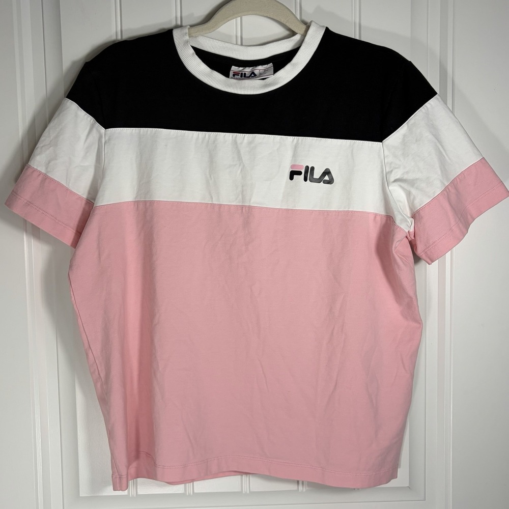 FILA Pink White Black Colorblock Logo T Shirt Women's Large